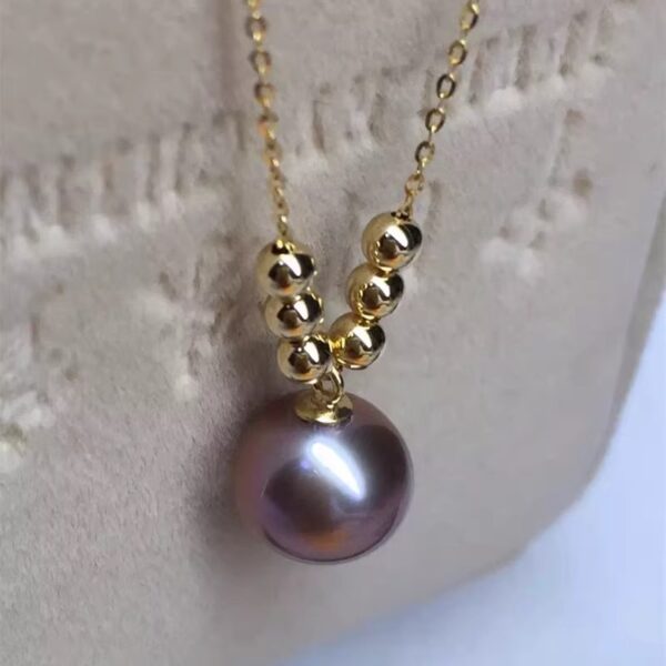 Natural Pearl Necklace Purple Round Extreme Strong Light 18k Gold Beads